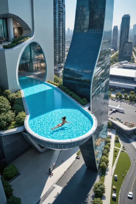 Aerial camera shot from above, realistic image according to the laws of physics and based on reality in terms of object sizes, people and depth, Transparent pool at the top of 2 skyscrapers, Connects the 2 skyscrapers at their highest points, From top to b...