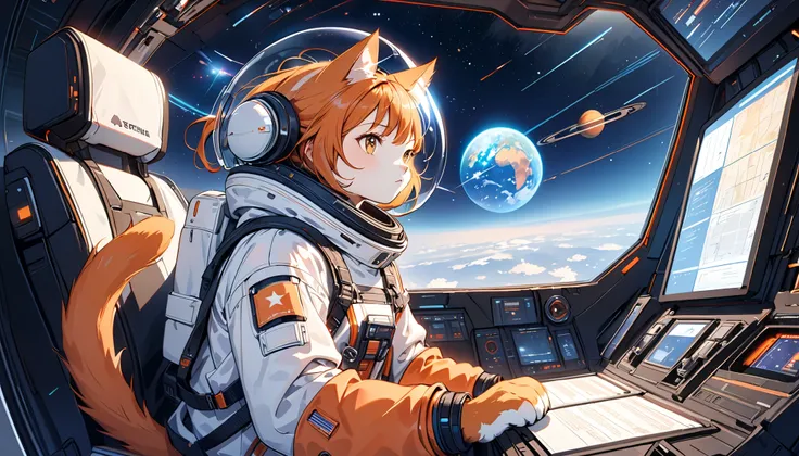 "A futuristic orange cat astronaut, wearing a high-tech space suit with a transparent helmet, floating inside a spaceship cockpit. The control panels are glowing with holographic displays, showing navigation data and star maps. The background features a br...