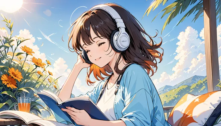 Girl reading while listening to jazz music through headphones on sunny background
