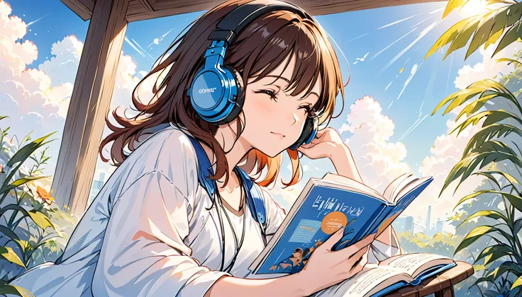 Girl reading while listening to jazz music through headphones on sunny background