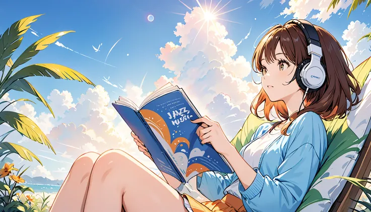 Girl reading while listening to jazz music through headphones on sunny background