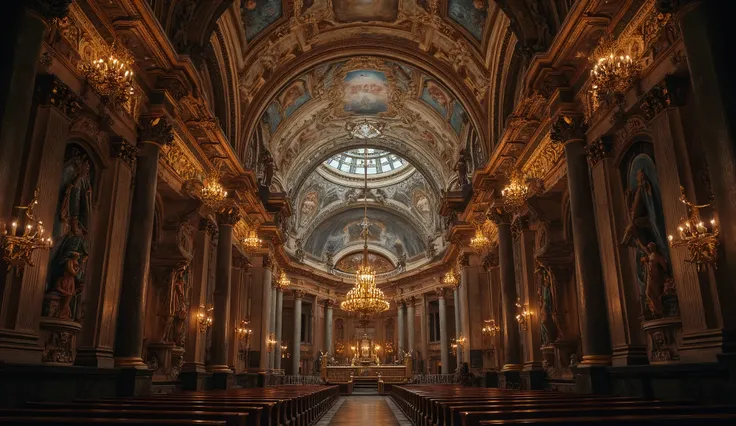 A grand, ancient cathedral from the Baroque era, viewed from the entrance, showcasing the entire majestic interior, high ceiling adorned with intricate Leonardo da Vinci-style angel frescoes, ornate antique decorations with gold and marble details, dramati...