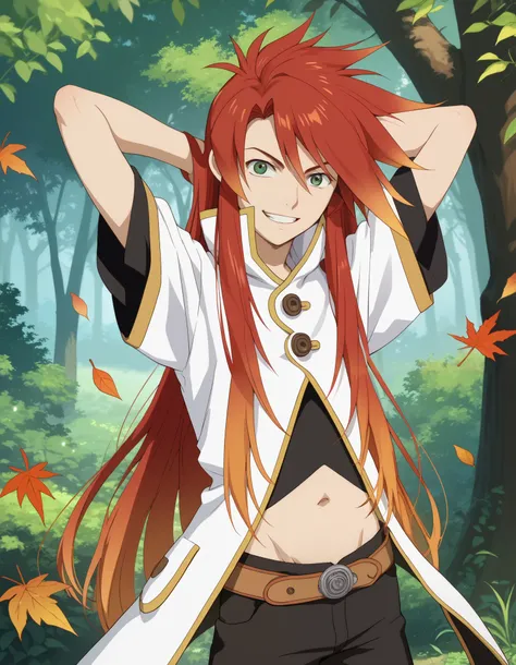 score_9, score_8_up, score_7_up, source_anime, solo, male focus, 1boy, lukefon, big eyes, red hair, long hair, orange hair tips, green eyes, smirk, teeth, shirt, black undershirt, coat, high collar, white coat, midriff, black pants, cowboy shot, leaves, tr...