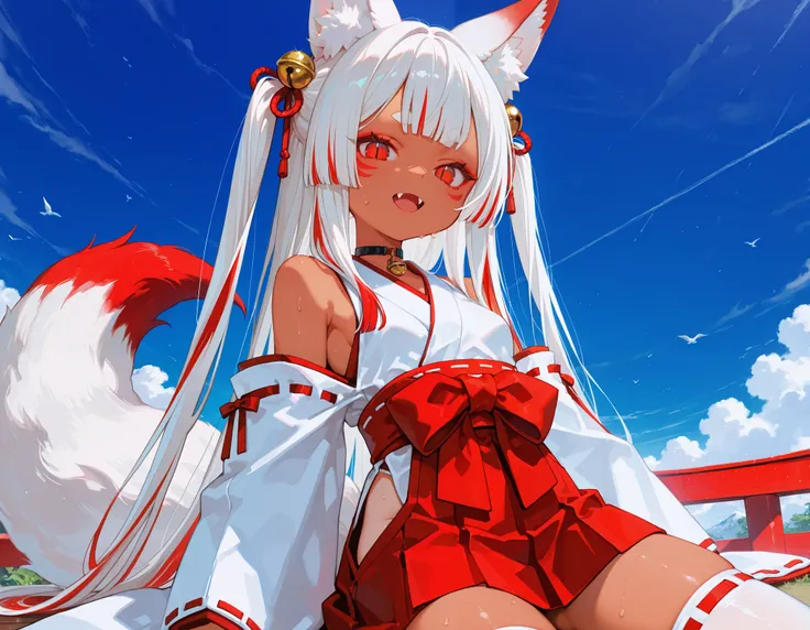 1girl, original,
(yoneyama mai:0.4), (mika pikazo:0.4), (rei \(sanbonzakura\):0.4), (quasarcake:0.4), mesugaki,
animal ear fluff, animal ears, blue sky, breasts, fangs, fox ears, fox girl, fox tail, white hair, long hair, looking at viewer, red eyes, slit ...
