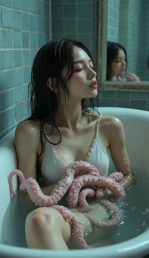 A realistic young woman lies motionless in a large, white bathtub filled with clear water. Her eyes are closed, head tilted back, lips slightly parted, as if she's trying to relax — but her expression hints at growing unease. She wears a thin, white tank t...