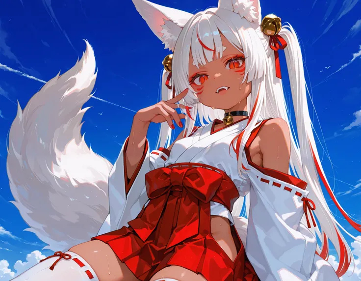 1girl, original,
(yoneyama mai:0.4), (mika pikazo:0.4), (rei \(sanbonzakura\):0.4), (quasarcake:0.4), mesugaki,
animal ear fluff, animal ears, blue sky, breasts, fangs, fox ears, fox girl, fox tail, white hair, long hair, looking at viewer, red eyes, slit ...