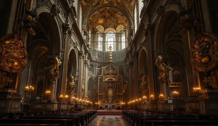 grand, ancient cathedral from the Baroque era, viewed from the entrance, showcasing the entire majestic interior, high ceiling adorned with intricate Leonardo da Vinci-style angel frescoes, ornate antique decorations with gold and marble details, dramatic...