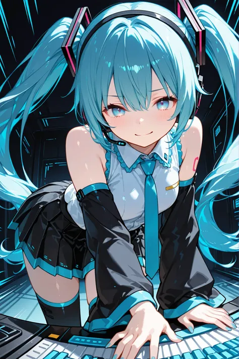 General,1girl,large aqua blue eyes and long aqua blue twin tails featuring gradient and glossy texture, showing a soft and cheerful expression, wearing a futuristic gray and aqua blue outfit, including a sleeveless top with a tie, a pleated skirt with aqua...