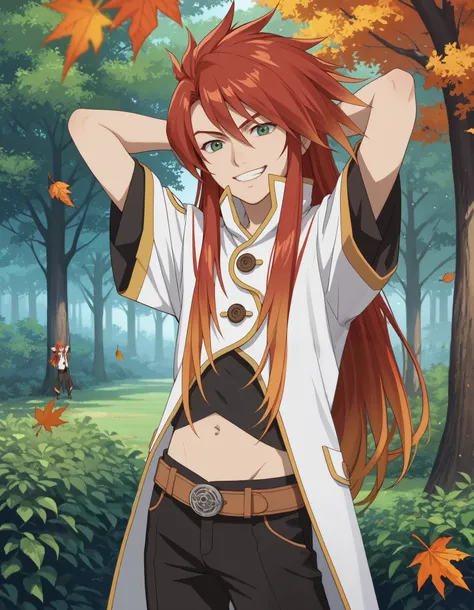 score_9, score_8_up, score_7_up, source_anime, solo, male focus, 1boy, lukefon, big eyes, red hair, long hair, orange hair tips, green eyes, smirk, teeth, shirt, black undershirt, coat, high collar, white coat, midriff, black pants, cowboy shot, leaves, tr...