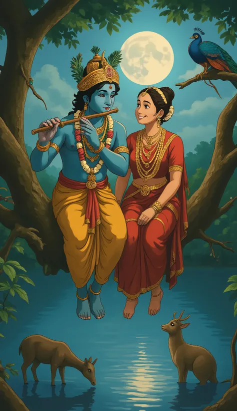 "A hyper-realistic digital painting of Lord Krishna and Radha sitting on a large tree branch, illuminated by the soft glow of the full moon. Krishna, with his enchanting blue skin, wears a golden dhoti, floral garlands, and a peacock-feathered crown while ...