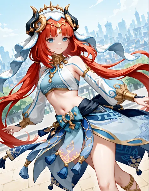  Nilou:1.3, Genshin,niirou:1.3,genshin, detailed eyes:1.3,red hair, hair with gradation,twin tails,  blue-gray eyes ,long hair, smile,blue skirt, bracers, circlet, crop top,  dancer , detach sleeve, fake 角, gladiator sandals, gold footwear , gold trim,jewe...