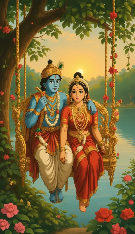 "Radha Rani and Lord Krishna blue skin seated together on an intricately decorated swing adorned with vibrant flowers and garlands, in a lush green garden. Radha is dressed in a red and gold saree with delicate jewelry, while Krishna wears traditional atti...
