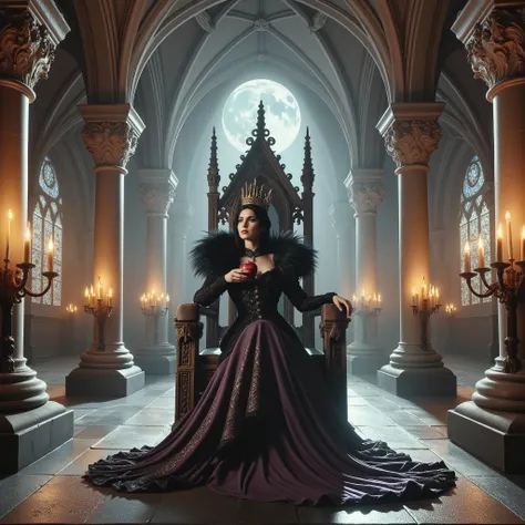 The grandiose throne room in the Gothic castle. Majestic columns reaching for vaulted ceiling, her stone surfaces are decorated with intricate reliefs. Stained glass windows let in moonlight, creating whimsical patterns on the cold stone floor. The flicke...