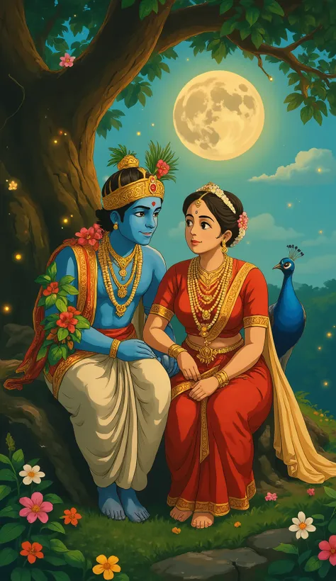 "Create a stunning, highly realistic and cinematic image of Lord Krishna and Radha sitting together under a grand ancient tree, bathed in the soft glow of a full moon. Krishna, with his divine blue complexion, wears a golden crown adorned with fresh flower...