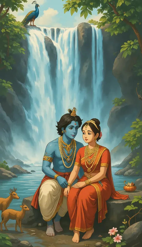 lord krishna blue skin and radha ma sitting near a water fall where peacock and dear near Water fall