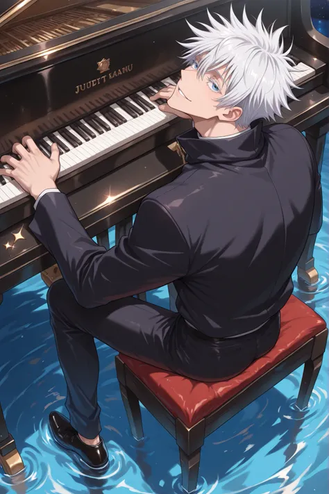 ((Best quality, 8k, Masterpiece: 1.3)), 1man, solo, male focus, gojo satoru /(jujustu kaisen/), detailed eyes, blue eyes, white hair, short hair, detailed eyelashes, white eyelashes, sexy man, handsome, smile, jujutsu kaisen uniform, black jacket, black pa...