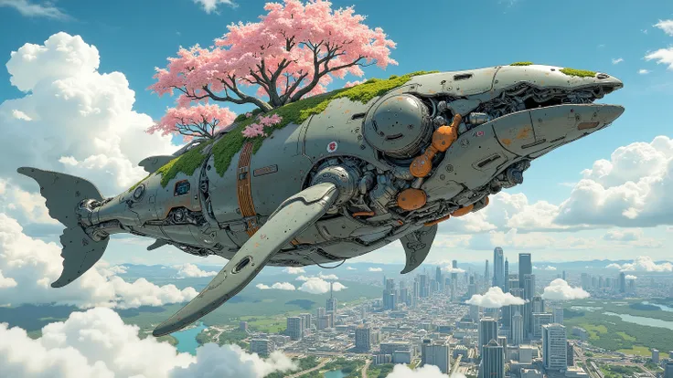 (masterpiece:1.3, top quality:1.3, detailed description:1.3, high quality:1.3),(1huge Robot whale\Metal body, trees of cherry blossom on the whale's back, Beautiful luster, beautiful metal details, precision machinery, moss growing, There are buildings and...