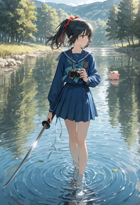 , {{{masterpiece}}}, {{{top quality}}}, {{super detailed}}, {illustrations}, {{is very delicate and beautiful}},{ black hair,ponytail,ribbon, Blue Sailor Suit ,{{{ clear, clear}}}, woman holding a Japanese sword ,lake reflective surface,Salt lake Yuniu,W...