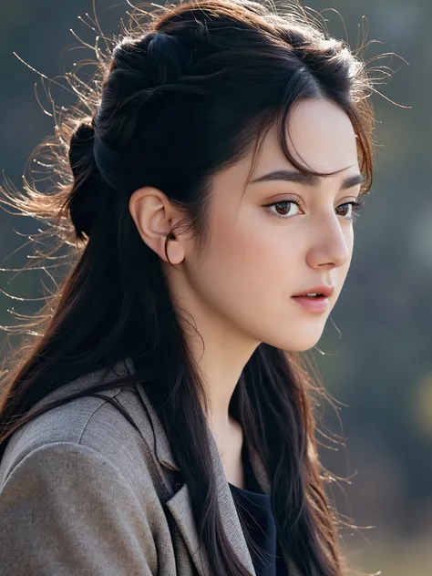 Close-up portrait of a young asian woman with long dark hair. she is wearing a gray jacket and has a serious expression on her face. her hair is styled in a half-up, half-down ponytail with a messy bun on top. the background is blurred, but it appears to b...