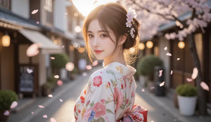 A woman is wearing a kimono, the streets of Kyoto, Japan, lots of cherry blossoms falling, the setting sun is shining in, the woman is looking back and smiling slightly, a fantastical landscape