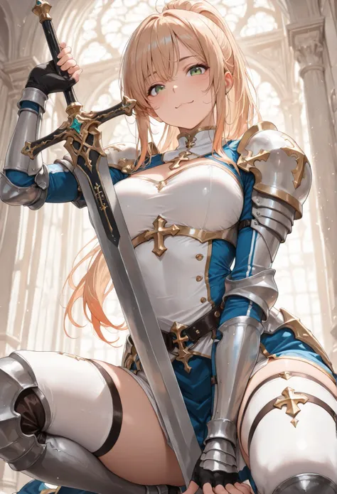 ((very cute face, cute girl)), solo, Crouching, Kneeling on one knee, from below, blue Holy Knight costume, cross, long hair, ponytail hair, striking green eyes, (upper body), Swearing by the sword, (best quality, vibrant, very aesthetic, warm color), (mas...
