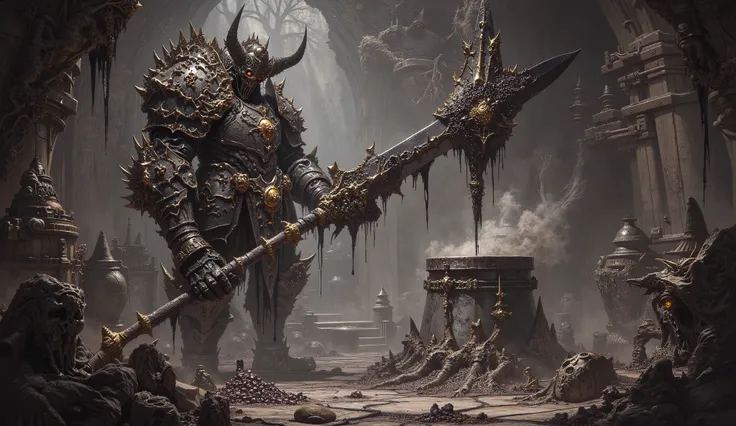 A nightmarish scene drenched in cosmic horror and dark fantasy, infused with an aura of Lovecraftian dread. At the heart of the image stands an imposing and sinister black-armored warrior, his presence radiating pure malice. His full plate armor is etched ...