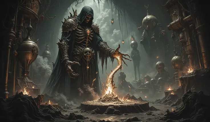 A chilling scene dripping with cosmic horror and dark fantasy, steeped in Lovecraftian dread. At the heart of this nightmare stands a malevolent dark mage, draped in a tattered, shadowy cloak that seems to writhe with a life of its own. His gaunt face is o...