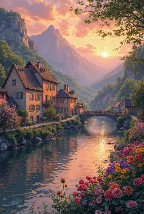 A small town by the river, mountains in the background, colorful floral flowers, detailed landscape, beautiful natural landscapes, atmospheric lighting, scorching sunset, warm colors, practical, photographic, detailed foliage, complex buildings, cobbleston...