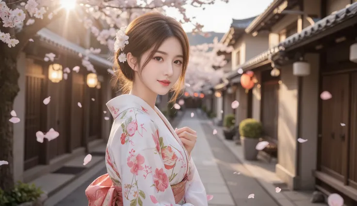 A woman is wearing a kimono, the streets of Kyoto, Japan, lots of cherry blossoms falling, the setting sun is shining in, the woman is looking back and smiling slightly, a fantastical landscape