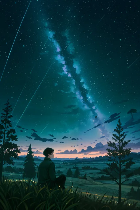 Octanes, The sky, Star (The sky), scenery, a starry sky, the night, 1guy, short straight black hair, brown eye, white  shirt, Black pants, dark green coat, night  sky, 独奏, En plein air, Cloud, sitting, a tree, silhouette, 20th century, pretty face, Rural l...