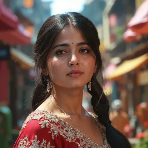 AnushkaShettyFlux A highly detailed 8K photo of a beautiful young woman in an otherworldly urban setting, a masterpiece of the highest quality.The subject is a captivating young woman with incredibly intricate and detailed eyes, depicted in an angled pose...
