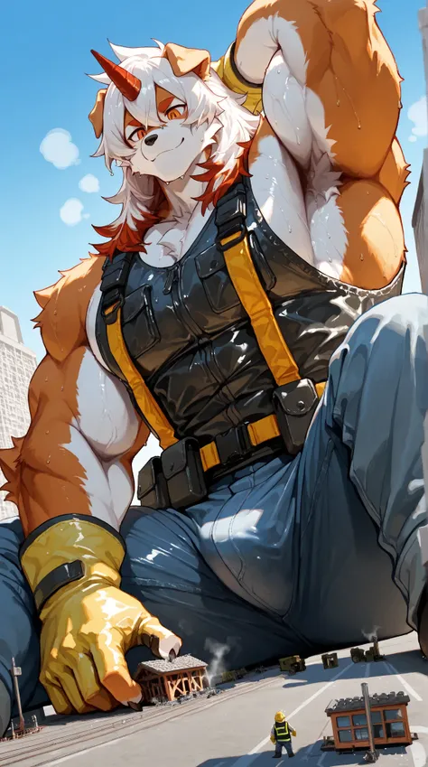 score_9, score_8_up, score_7_up, score_6_up, furry, anthro, solo, hung, perro, arknights, two-tone fur, medium hair, white hair, single horn, orange eyes,(macro size: 1.9), (a giant furry hung in a fantasy town: 1.1), describe image of a giant hung doing s...