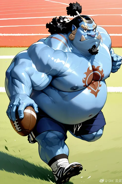 solo, chubby jinbe, chest tattoo, fat, big belly, happy, side chest, Stand slightly sideways, side angel, shirtless, topless, very huge pectoral, shorts, american football, american football fields, running, playing american football, topless, shirtless, d...