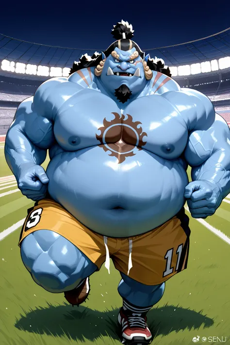 solo, chubby jinbe, chest tattoo, fat, big belly, happy, side chest, Stand slightly sideways, side angel, shirtless, topless, very huge pectoral, shorts, american football, american football fields, running, playing american football, topless, shirtless, d...