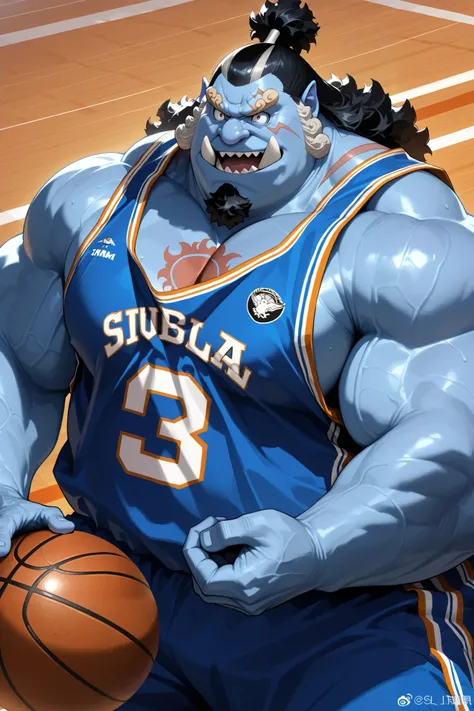 solo, chubby jinbe, chest tattoo, happy, side chest, Stand slightly sideways, side angel, shirtless, very huge pectoral, shorts, basketball, jersey, basketball fields, playing basketball, detailed face:1.3, eyes, wide shoulder, thick arms, wide pectoral, m...