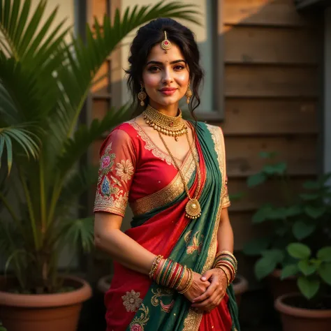 a vibrant portrait of a young woman of South Asian descent, standing confidently outdoors against a lush green backdrop of potted plants and a wooden wall. She has deep black hair styled in a sleek, center-parted updo with a low bun, adorned with a golden ...