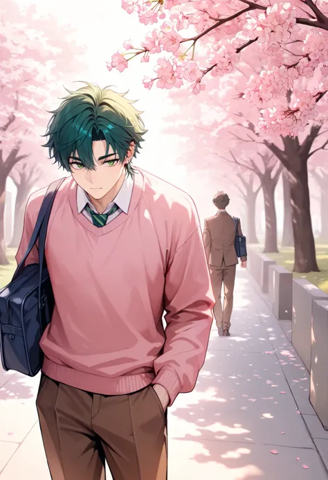 top quality,high definition,pink sweater, male,one person only,
wolf hair,hair is green,Delicate green eyes ，
school uniform,brown pants,Cherry blossom trees,school bag,Handsome Guy,
 flashy piercings ,