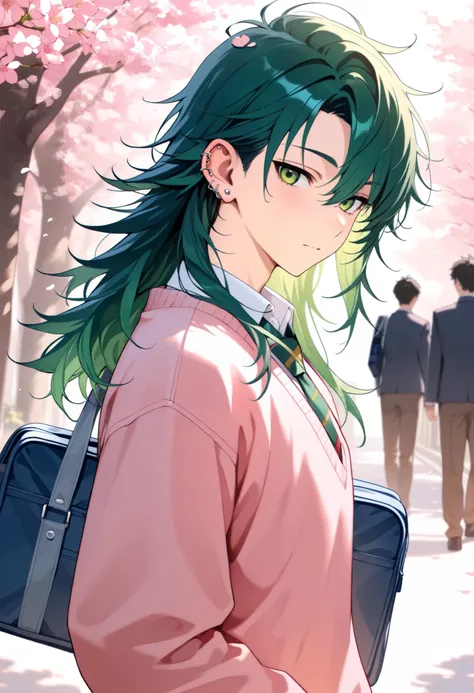 top quality,high definition,pink sweater, male,one person only,
wolf hair,hair is green,Delicate green eyes ，
school uniform,brown pants,Cherry blossom trees,school bag,Handsome Guy,
 flashy piercings ,