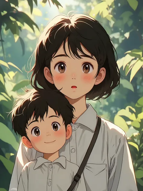 Anime Ghibli woman and boy dark brown eyes