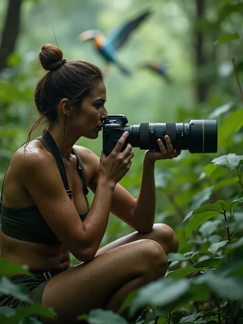 A professional wildlife female photographer, covered in light dirt and sweat, kneeling in the middle of a dense Amazon jungle, holding a massive telephoto lens. SHe is focused on capturing a rare jaguar hidden among the leaves. 44dd natural perky breasts. ...
