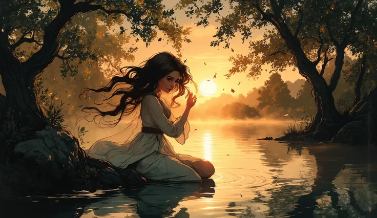 masterpiece,   illustration set in a serene lake. Girl reflection amidst nature's tranquility, capturing a moment of serenity and inner strength, the wind make her  long hair  and the leafs of the trees are flying in the wind. This stunning artwork showcas...