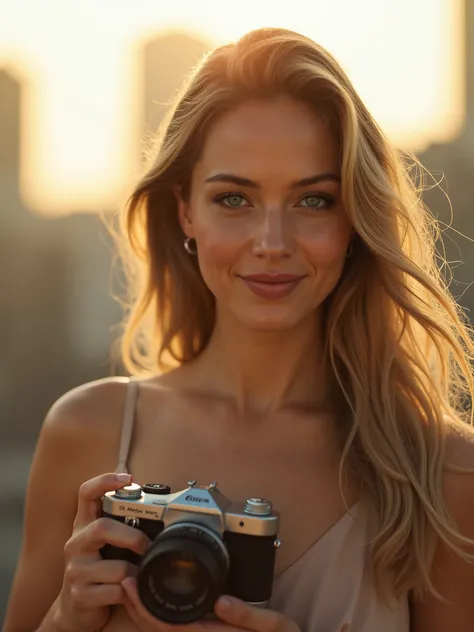 A breathtakingly beautiful woman with piercing blue eyes, holding a vintage Leica camera. 44dd natural perky saggy breast.smirking, She stands in golden-hour light, her hair softly blowing in the wind. The background is a blurred urban cityscape, creating ...