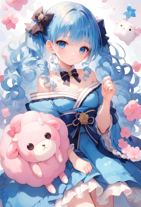 top quality,high definition,Baby Face,Lori
Blue hair,Asymhair ,only the left side hair is long,long hair,Curly hair,Curly hair ,
Blue clothes,Lolita Outfit,Japanese Style Lolita , kimono,The skirt is long,Frilly Dress,
Wearing a tengu mask
I'm looking at t...