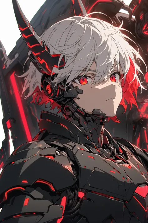 [(WHITE BACKGROUND:1.5),::5], ((masterpiece)), high quality, ultra very high resolution, full color, ((solo)), ((boy)), Black armor, Cyborg boy,  (ONI armor), ((ONI mechanical horn)), ((men's White short hair)), (Red Inner hair), (Red eyes), anime, (upper ...