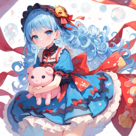 top quality,high definition,Baby Face,Lori
Blue hair,Asymhair ,only the left side hair is long,long hair,Curly hair,Curly hair ,
horizontal hair on the left and right sides asymmetrical, which is long only on the left,Make,
Blue clothes,Lolita Outfit,Japan...