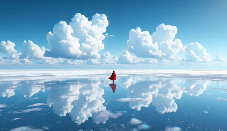 The flawless salt marsh horizon cuts a perfectly symmetrical world, the clear blue sky dips the entire dome with 120% saturation, the marshmallow clouds form an infinite cycle of ∞ symbols in the real sky and mirror reflections, the salt crystals refract d...