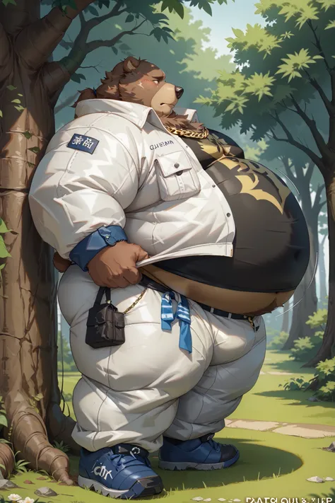 furry male bear,Ben Bigger,facial scar,chubby,obese,,Fluffy fur all over the body,white jacket, black shirt, white pants、gold chain,
side view, spreading legs,Lift the lower abdomen 、covered in fur、 高画質、高品質、、(Immense very obese;2.8),weight gain,,park、My be...