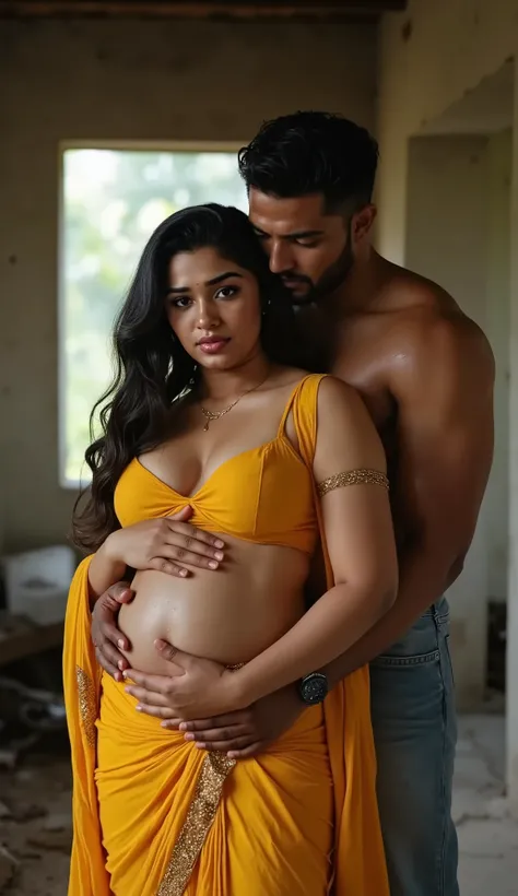 Photo of Voluptuous 25 years Indian slim curvy young woman with white skin Wearing low cut Sari without blouse and showing large U Cut Cleavage in yellow bra, women down like a doggy style & back side hug by a muscular 20 year black man under a ruin house,...