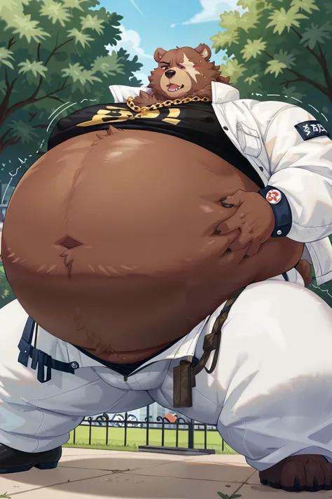 furry male bear,Ben Bigger,facial scar,chubby,obese,,Fluffy fur all over the body,white jacket, black shirt, white pants、gold chain,
spreading legs,Lift the lower abdomen 、covered in fur、 高画質、高品質、、(Immense very obese;2.8),weight gain,,park、My belly is exp...