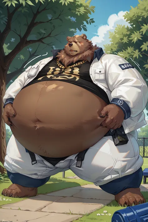 furry male bear,Ben Bigger,facial scar,chubby,obese,,Fluffy fur all over the body,white jacket, black shirt, white pants、gold chain,
spreading legs,Lift the lower abdomen 、covered in fur、 高画質、高品質、、(Immense very obese;2.8),weight gain,,park、My belly is exp...